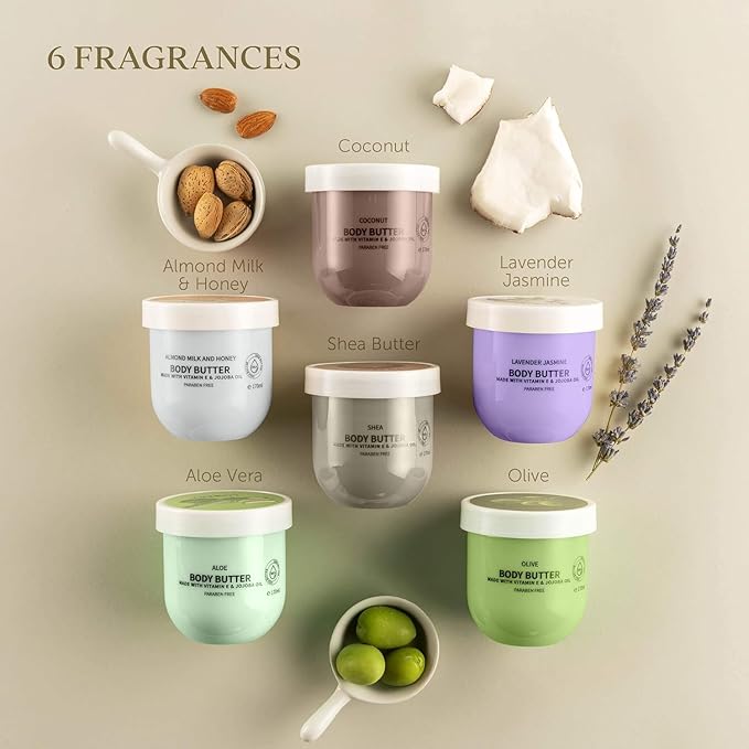 Body Butter for Women Gift Set – 6 Whipped Body Creams W Shea Butter, Jojoba Oil & Vitamin E, Deep Moisturizing Body Lotion Collection, Coconut, Aloe, Olive, Shea, Lavender Jasmine, Almond Milk Honey