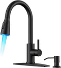 FORIOUS LED Kitchen Faucet with Soap Dispenser, Pull Down Sprayer, Black | Stainless Steel Single Handle, Transitional Bar Sink Faucet with LED Light Sprayer, Suitable for Outdoor Rv Laundry Camper