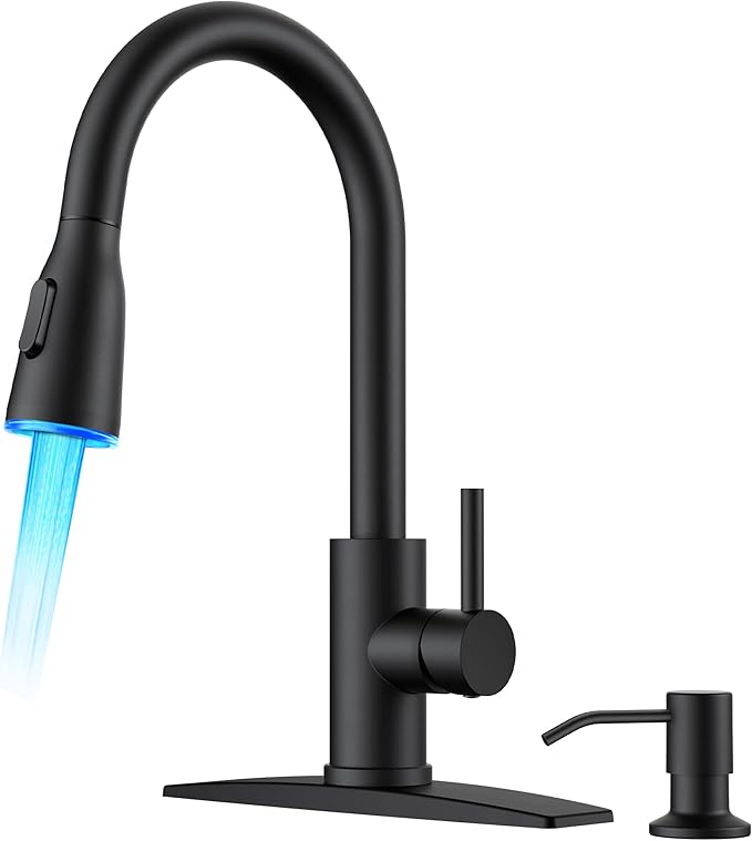 FORIOUS LED Kitchen Faucet with Soap Dispenser, Pull Down Sprayer, Black | Stainless Steel Single Handle, Transitional Bar Sink Faucet with LED Light Sprayer, Suitable for Outdoor Rv Laundry Camper