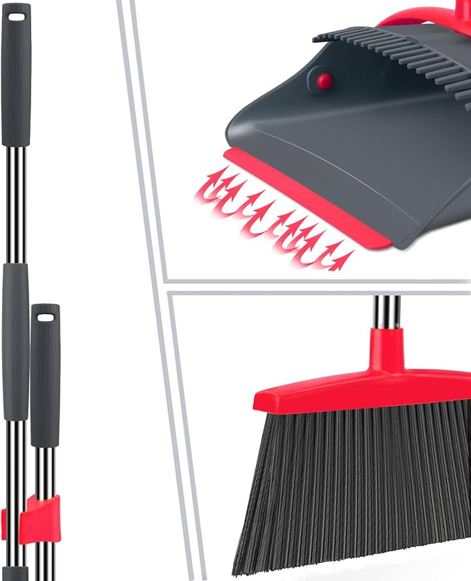 Ivandar Broom and Dustpan Set,Broom with Dustpan Combo Set Dust pan with Long Handle, for Home Kitchen Room Office Lobby Floor Use Upright Stand Up(Gray&Red)