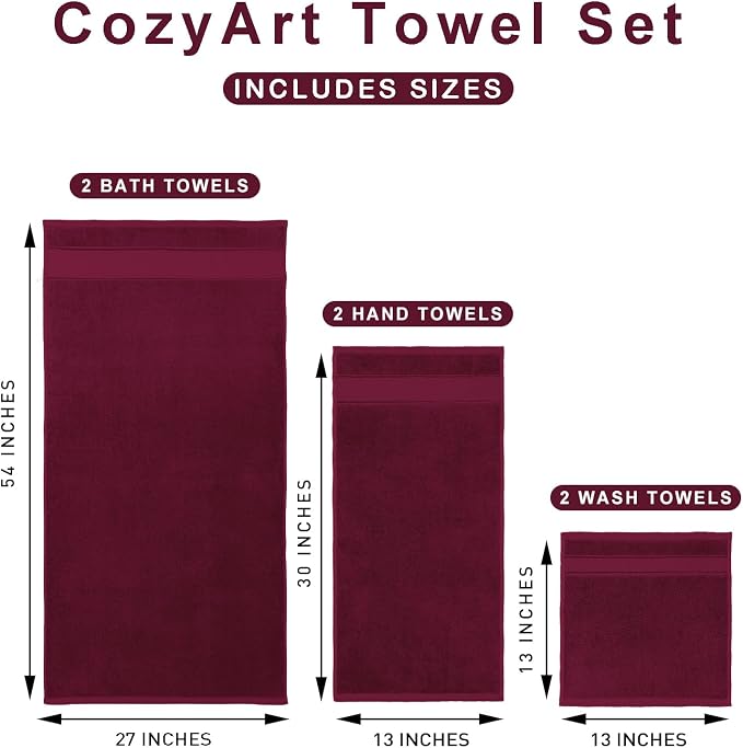 COZYART Bath Towel Set 6 PCS, Burgundy Luxury 100% Turkish Cotton 650GSM | Soft Absorbent Quick Dry, OEKO‑Tex 100 Cert. Zero Twist Ring Spun Cotton, Plush Fluffy, Breathable Hotel Quality Towels Set