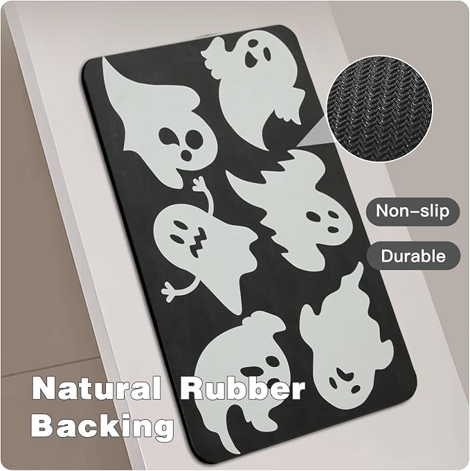 TYUU Halloween Bath Mat, Thin Halloween Bathroom Rug Non Slip Quick Dry Ghost Bath Mat Fits Under Door Thin Floor Mat Halloween Decor, 17''x30'', Ghosts Black