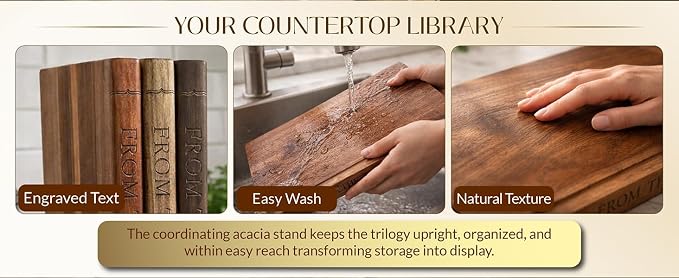 Stella Gene - The Cutting Board Kitchen Trilogy, Decorative 100% Acacia Cutting Board Set, Book-Inspired Wooden Cutting Boards with Stand, 3-Piece Cutting Board Library Style Set, Meat & Cheese Board