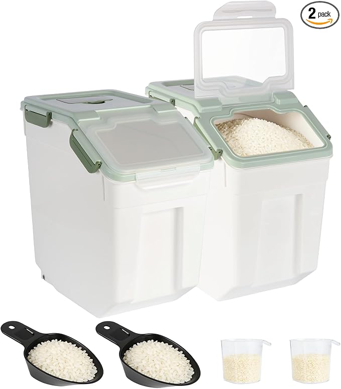 2 Pack Rice Container 25 lbs Large Bulk Flour Sugar Storage Holdhouse Plastic Grain Cereal Dry Goods Bin with Spoon and Measuring Cup for Kitchen Pantry Organization - Green