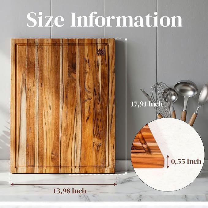 Premium Teak Wood Cutting Board 18" x 14" x 0.6" for Kitchen Meat, Fruit, Pizza Prep - Large Thin Edge Grain with Juice Groove, Solid Hardwood, Non-Toxic, BPA & Plastic Free by New M Way