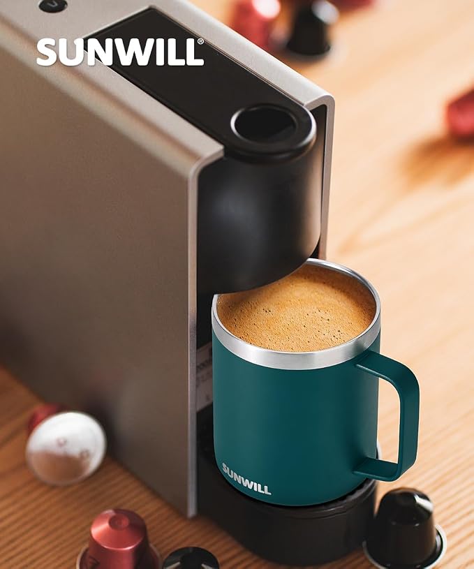 SUNWILL Travel Coffee Mug Set of 2, Insulated Tumbler with Lid, 14 oz Stainless Steel Cup with Handle for Camping, Office, Home, Powder Coated Forest Green & Plum