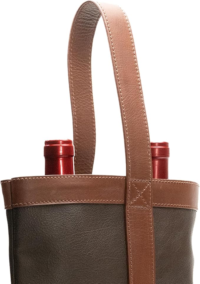 Double Wine Carrier Bag – Leather Wine Tote for Two Bottles with Handle – Protective Carrier for Picnic, Wine Champagne Gift Bag (Chocolate)