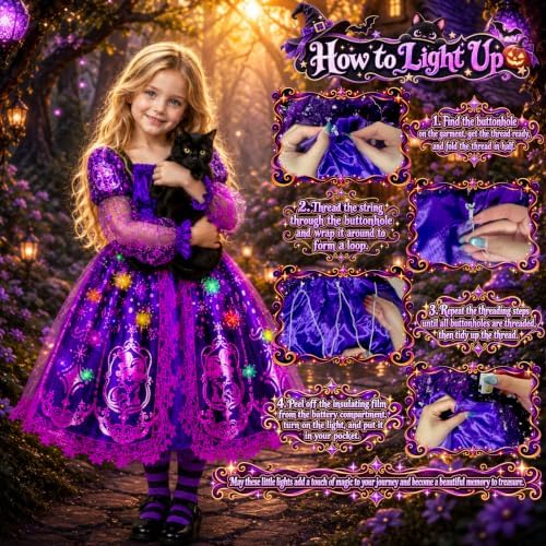 Witch Costume for Girls, Light Up Halloween Costume for Kids 3-10