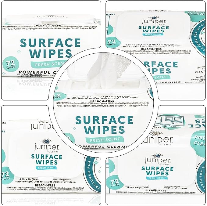 Juniper CLEAN 6 Pack Surface Cleaning Wipes Bleach Free, All-Purpose Cleaner for Bathroom, Kitchen, Office, 72 Count Soft Flow, Fresh Scent, Lint Free & Durable