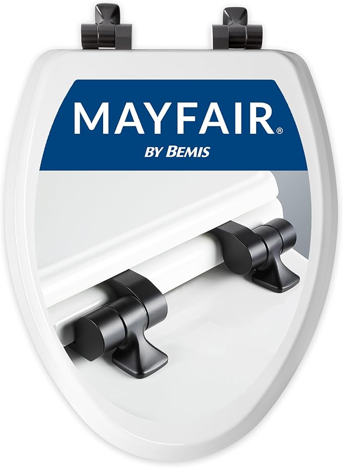 Mayfair Bennett Toilet Seat with Matte Black Hinges, Slow Close Wood Seat, Secure Metal Hinges, Easy Install, Made in USA, Elongated, White