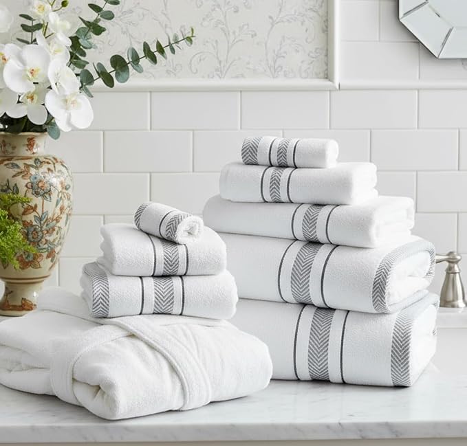 Bath Towels Set for Bathroom – Luxury 6-Piece Cotton Towels, Soft Absorbent & Quick Dry, 600 GSM Bath Towels for Bathroom, Hotel Spa Quality (White/Grey, 6- Bath Towel Set)