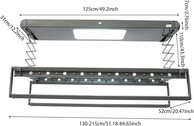 Electric Clothes Airing Rack,Adjustable Ceiling Mounted Smart Control Clothes Airing Rack w/ LED Lighting & 2 Retractable Rods,Vertical Laundry Clothesline w/ 8 Horizontal Rods for Balcony (Gray)