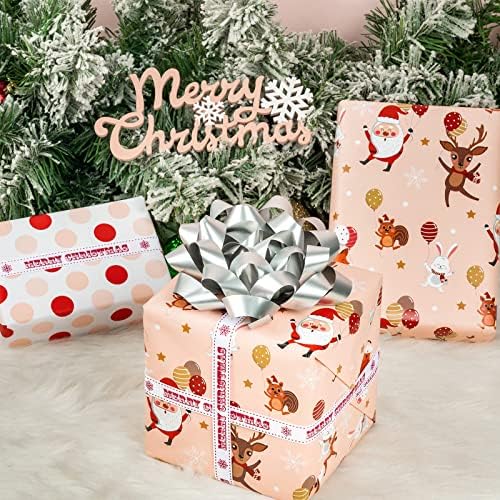WRAPAHOLIC Reversible Christmas Wrapping Paper - Mini Roll - 17 Inch x 33 Feet - Red and Pink Dancing Santa Claus Reindeer and Colorful Polka Dots Design for Christmas, Holiday, Party