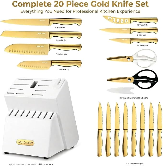 McCook® Kitchen Knife Sets, Golden Titanium Stainless Steel Knives Block Set with Built-in Sharpener, 20 Piece Knives, Restaurant Grade Sharp, Elegant Gold & Stylish Wooden Block for Modern Culinary | German Forged Stainless Steel,20 PC,Razor Sharp,Ant...