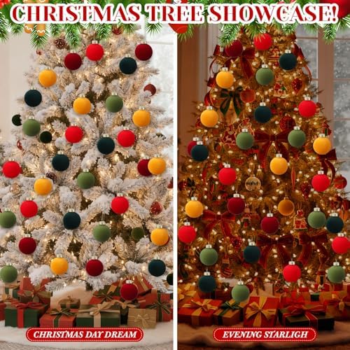 Gemscream 30 Pcs Velvet Christmas Balls, 3.15" Flocked Blue Ornaments, Red
