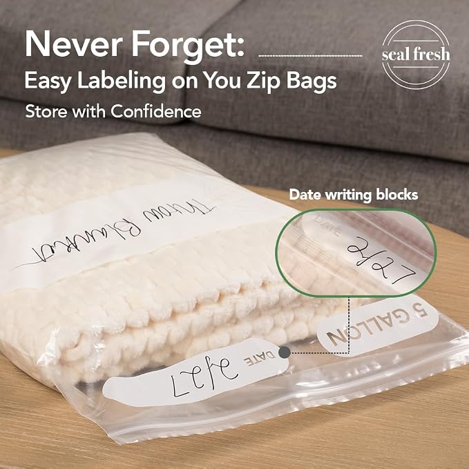 Seal Fresh 5 Gallon Large Plastic Storage Bags – 18" x 24" (90 Count) – Reusable XXL Extra Large Clear Jumbo Zip Bags with Sealable Zipper Top For Clothes, Travel, Moving