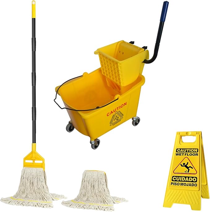 KULED Commercial Mop Bucket with Side Press Wringer, Including Wet Floor Caution Sign and One Industrial Mop with 2 Mop Heads, for Floor Cleaning and Mopping, 38 Quart, Yellow