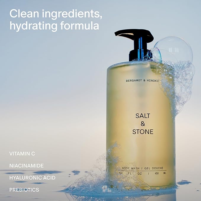 Salt & Stone Body Wash with Antioxidants for Deep Moisture | For Women & Men, Sulfate, Paraben, & Dye Free, Leaving Skin Soft and Hydrated | Bergamot & Hinoki Refill 32 fl oz