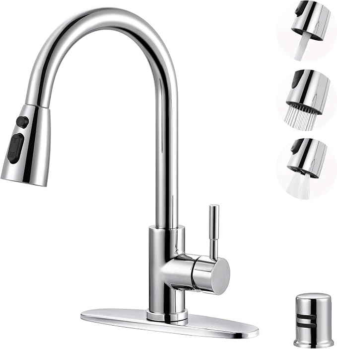 Kitchen Faucet with Air Gap: WOWOW Stainless Steel Kitchen Sink Faucet and Dishwasher Air Gap Kits for Kitchen Sink 2 or 4 Hole, Polished Chrome Kitchen Faucet Combo with Sprayer