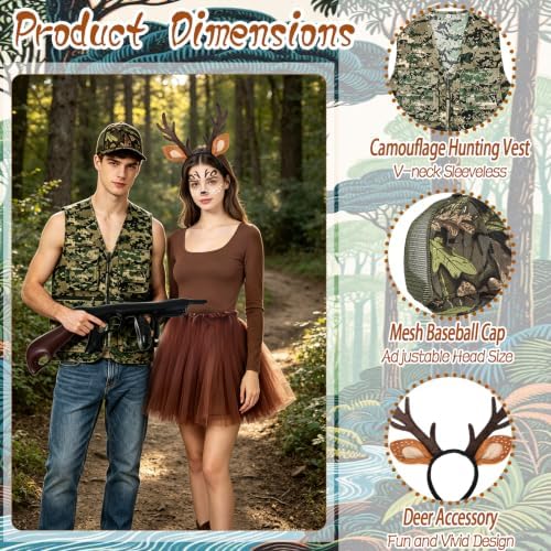 6 Pcs Deer Hunter Costume Set for Couple - Hunting Outfit Dress Up Kit - Camo Vest Camo Hat Antler Headband Tattoo Stickers Skirt Inflatable Toy Gun - Halloween Cosplay Party Fancy Dress Accessories
