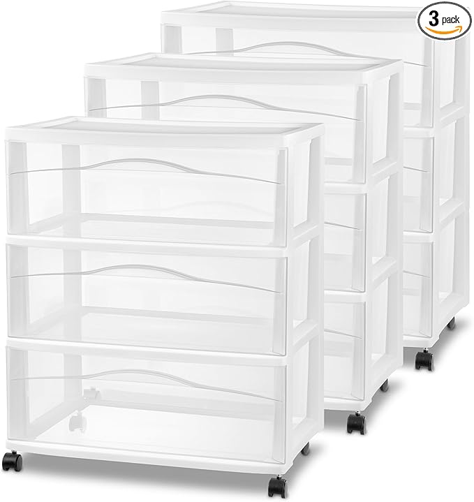 Sterilite 3 Pack Wide 3 Drawer Storage Cart, Plastic Organizer with Wheels, White - Multipurpose Bin for Clothes, Accessories, or Home Accessories