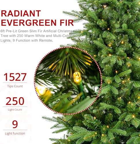 Glitzhome Prelit Christmas Tree, 6ft Slim Christmas Tree, Hinged Artificial Tree Radiant Evergreen Fir with 250 Warm White/Multi-Color LED Lights,9 Function w/Remote Control,Easy Assembly