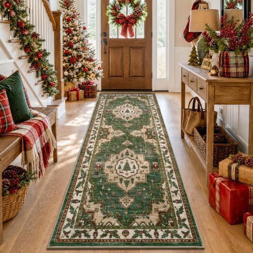 Engiw Christmas 2x6 Runner Rug, Washable Non-Slip, Soft Low Pile Carpet, Christmas Decorations for Living Room, Bedroom, Kitchen, Hallway, Entryway and Under Christmas Tree