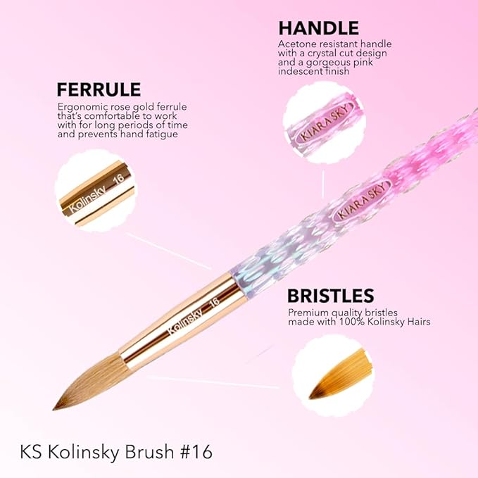 Kiara Sky Kolinsky Acrylic Nail Brush #16 – Pure Kolinsky Sable Hair, Pink Crystal Handle, Acetone Resistant, for Acrylic Application, Extensions & 3D Nail Art