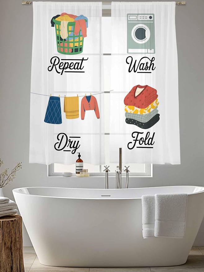 Laundry Room Sheer Curtains 72 Inch Length 2 Panels for Living Room, Wash Repeat Dry Fold Simple Drawn Voile Kitchen Curtain Set, Luxury Privacy Drapes Window Treatment for Bedroom