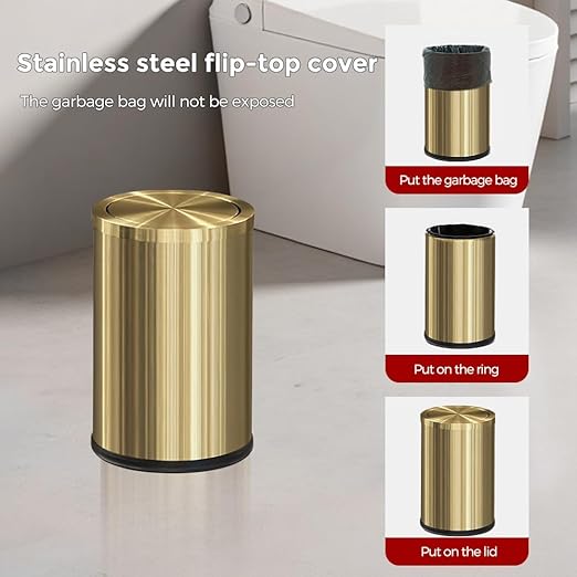 9L/2.4Gal Gold Trash Can,Brass Bathroom Garbae Can with Flipping Lid,Small Brass Garbage Can for Office, Laundry Room,Bedroom,Hotel