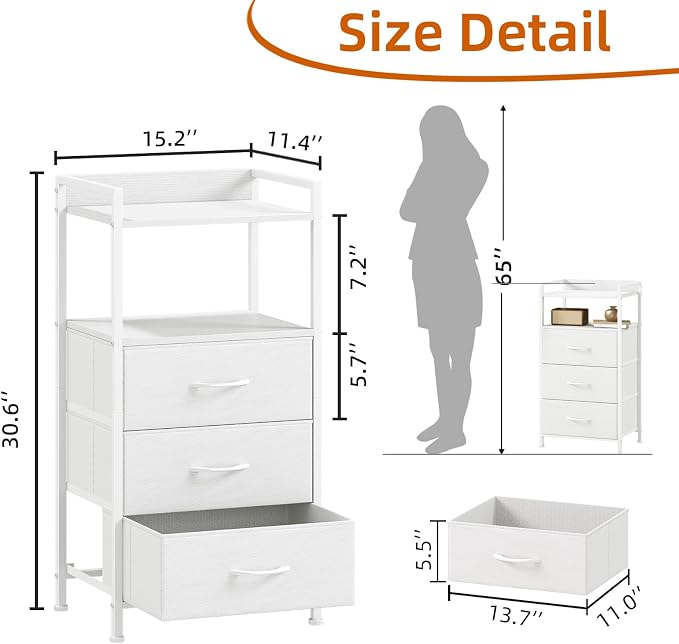 Somdot Nightstand with 3 Drawers, Dresser with Fabric Bins for Bedroom, Hallway, Entryway, Night Stand Bedside Table Furniture, Sturdy Steel Frame, Wooden Top, Easy Pull Fabric Bins, White Leather