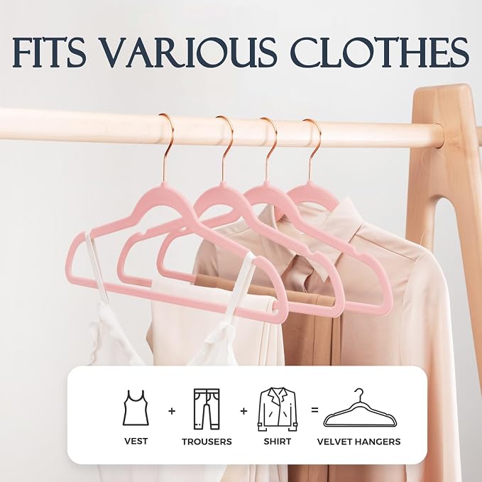 HOUSE DAY Pink Velvet Hangers 120 Pack, Premium Clothes Hangers Non-Slip Felt Hangers, Sturdy Black Hangers Heavy Duty Coat Hangers, Durable Suit Hangers, Space Saving No Hanger Mark Rotating Hook