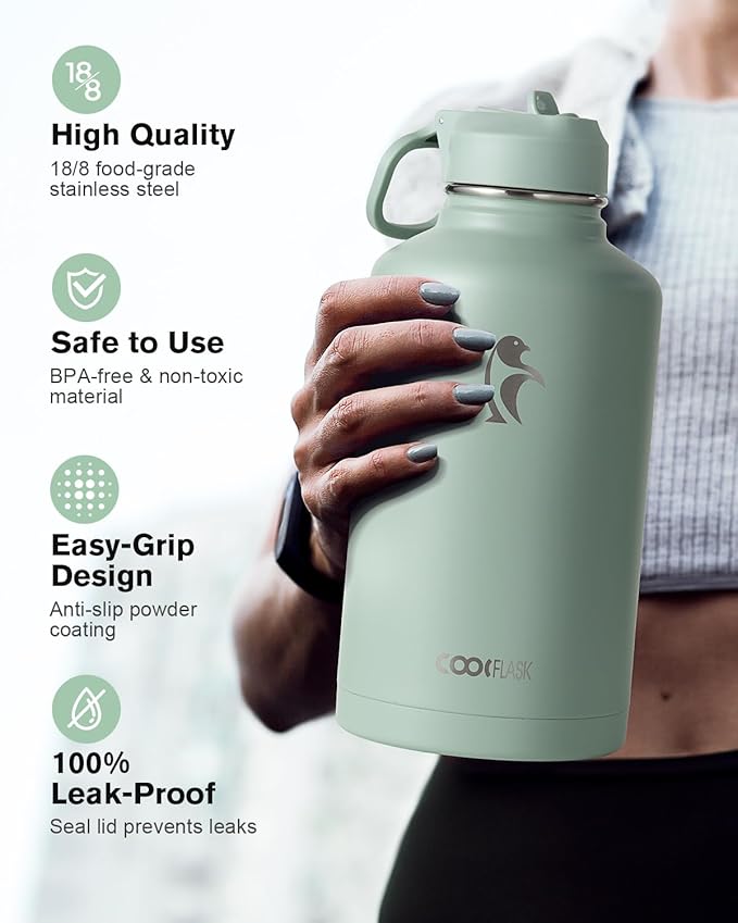 Coolflask Water Bottle 32 oz Insulated with Straw, Stainless Steel Metal 3 Lids Water Flask Wide Mouth for Sports or Office, Non-BPA Keep Cold Up to 48 Hrs or Hot Up to 24 Hrs, Grey Green