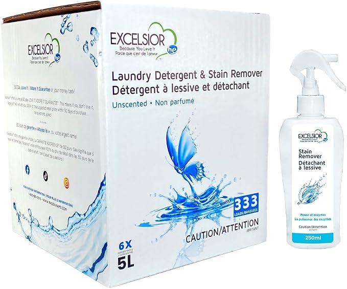 Excelsior HE Laundry Detergent Liquid Fragrance Free Concentrated 333 Loads 5 Liter With Natural Stain Remover, High Efficiency Washing Detergent Laundry Soap Bulk Works In All Washers Unscented