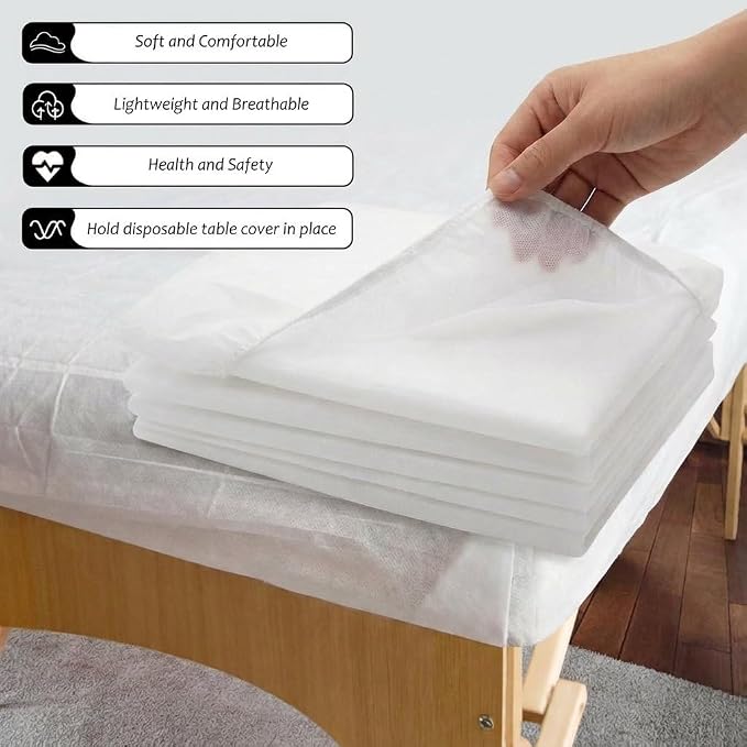 50PCS Disposable Fitted Massage Table Sheets with Elastic, Heavy Duty Elastic Disposable Bed Cover, Breathable White Sheets for Spa Massage Beauty Tattoos Non Woven Fabric 36 x 85 in