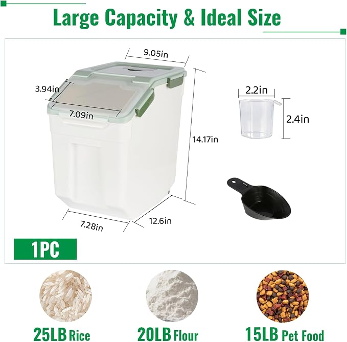 Rice Container 25 lbs Large Bulk Flour Sugar Storage Holdhouse Plastic Grain Cereal Dry Goods Bin with Spoon and Measuring Cup for Kitchen Pantry Organization - Green