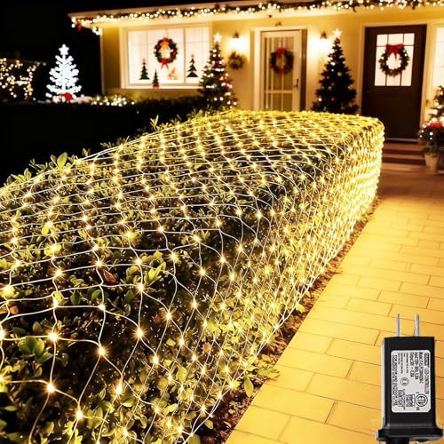 Lovelite 360 LED Net Lights, 21ft x 5ft Christmas Mesh Lights Clear Wire 8 Modes, Waterproof Connectable String Light Plug in for Xmas Tree Bushes Garden Outdoor Party Decorations - Warm White
