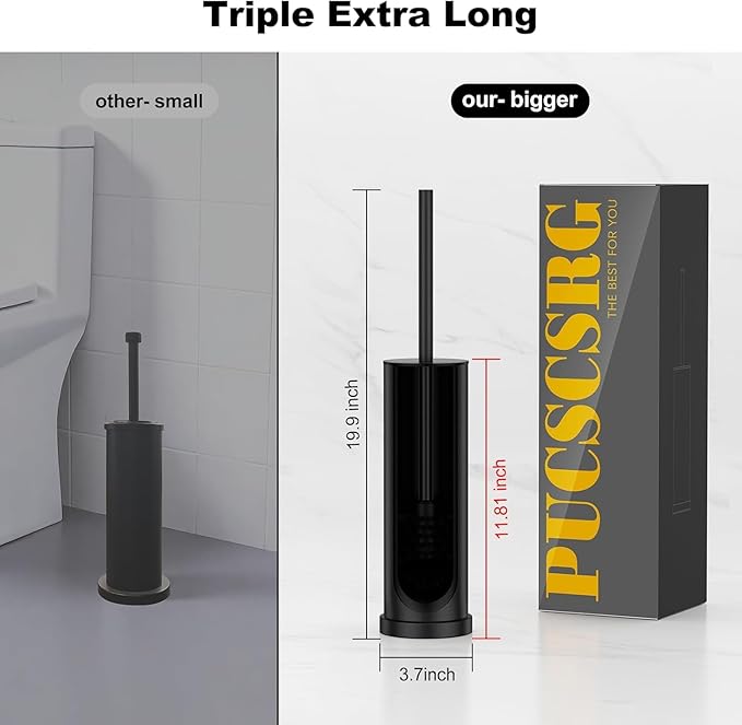 Black Toilet Brush and Holder Set，Stainless Steel Heavy Duty Toilet Bowl Brush，Extra Long Handled Modern Toilet Cleaner Brush with Replaceable Head, Removable Inner Bowl, and Splash Protection