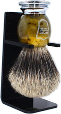 Parker 3-Band Pure Badger Shaving Brush with Faux Horn & Chrome Handle + Stand | 22mm Soft Knot for Dense Lather | Handcrafted Wet Shaving Brush for Cream or Soap | Long Loft