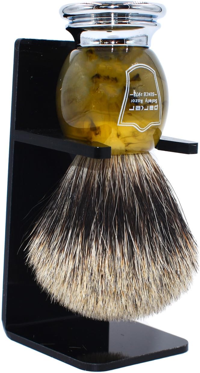 Parker 3-Band Pure Badger Shaving Brush with Faux Horn & Chrome Handle + Stand | 22mm Soft Knot for Dense Lather | Handcrafted Wet Shaving Brush for Cream or Soap | Long Loft
