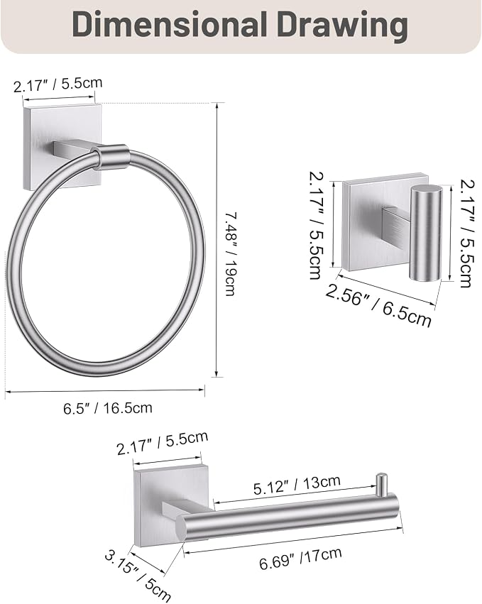 Towel Ring Set 4 Piece Bathroom Hardware Set Includes Towel Ring 2 Towel Hooks and Toilet Paper Holder Stainless Steel Wall Mounted (Brushed Nickel)