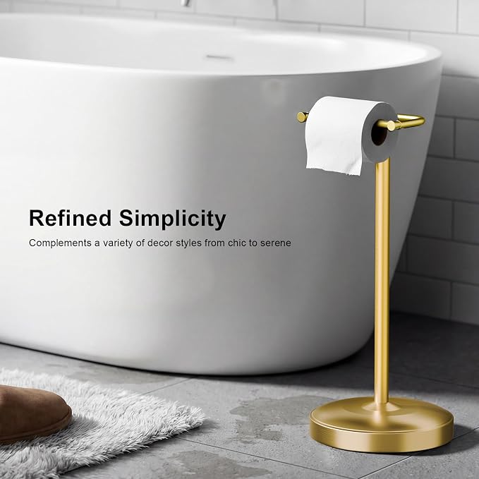 Freestanding Toilet Paper Holder Stand, Heavy Duty Brushed Brass Stainless Steel Toilet Paper Holder with Weighted Base, Rustproof & Tool-Free Installation for Modern Bathrooms