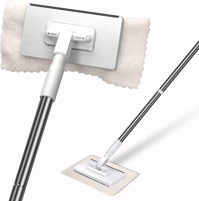 Masthome Snap Grip Mini Mop with Built-in Squeegee, Zero Touch Cloth Changing Dust Mop, 360° Swivel Head Small Mop for Walls, Bathroom Corners, Windows, Includes 1 Reusable Cloth