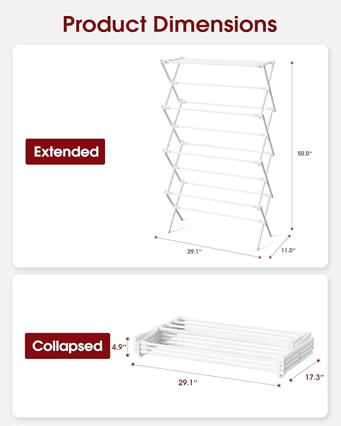 Sakugi Foldable 4-Tier Clothes Drying Rack 50.0" H with Non-Slip Feet | Indoor & Outdoor Use, Space Saving, Metal Frame, 11.4" D x 29.1" W, White