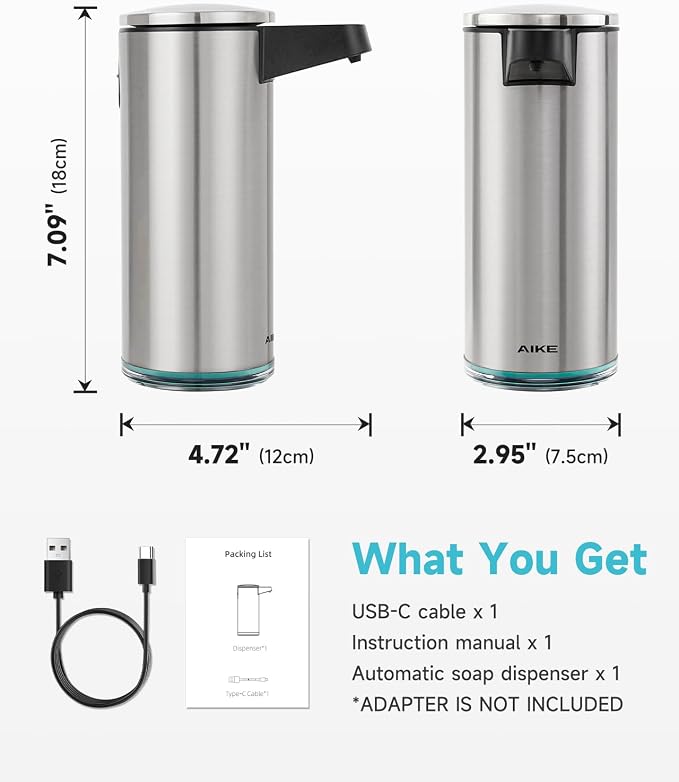 AIKE SensePro Automatic Soap Dispenser 12.8oz Spot Resist Stainless Finish | Type-C Charge with Months Long Standby Time, Adjustable 5 Levels Precise Dispense for Home Dish Soap and Hand Soap