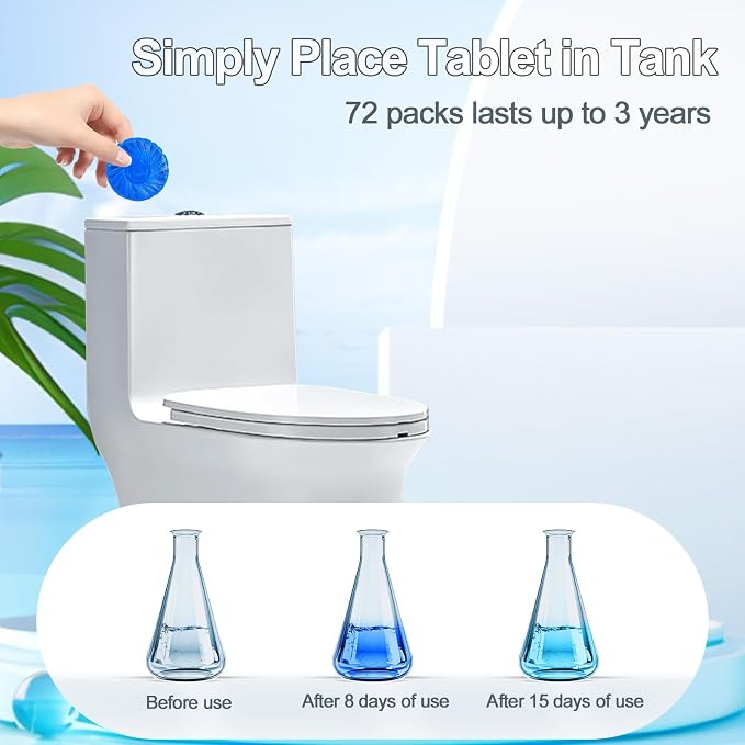KIISIISO Automatic Toilet Bowl Cleaner Tablets Blue 72 Pack, Drop-In Tank Cleaner for Bathroom, Prevent Stains & Deodorize, Septic Safe, Long-Lasting Cleaning Tabs - Fresh Scent