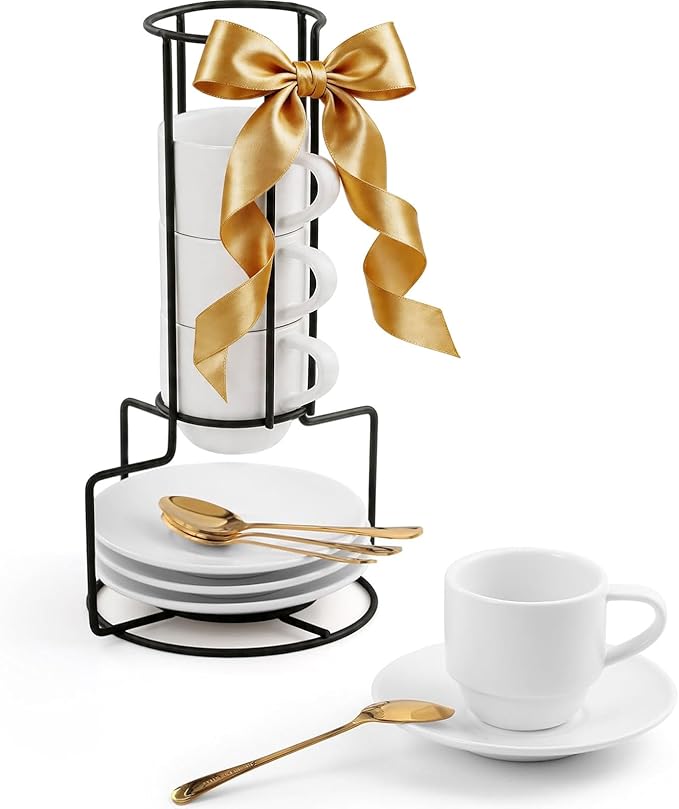 Lareina 3-Ounce Espresso Cups with Saucers, Spoons and Metal Stand, Small Stackable Coffee Cups Set of 4, Ceramic Demitasse Mugs, Gift for Housewarming or Wedding, White