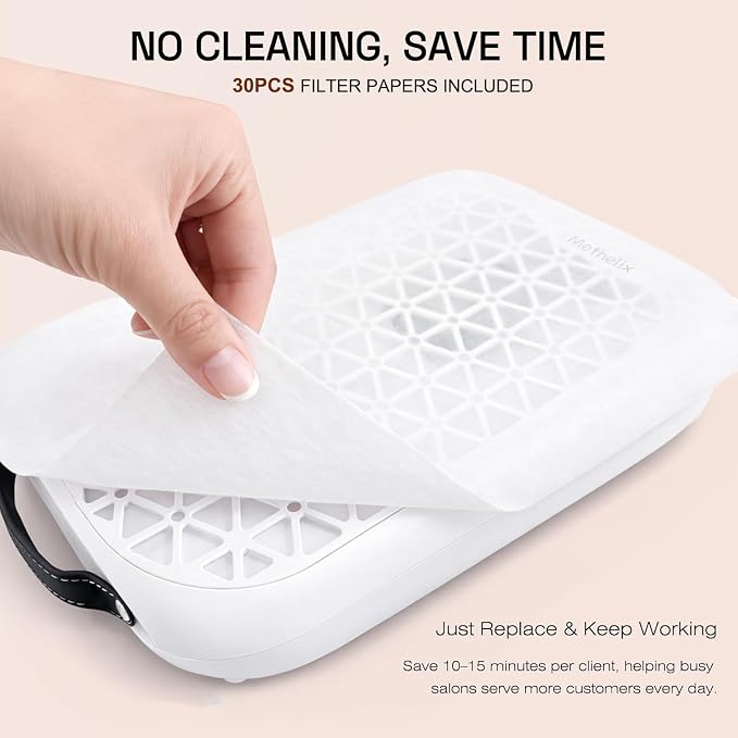 Nail Dust Collector with 30 Sheets Filter Paper, Strong Suction & Low Noise | 1600PA Dual-Turbo Suction Removes Nail Dust Efficiently. With Disposable Filter Papers for Easy Cleaning. 5 Adjustable Level