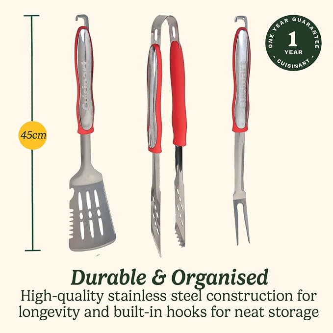 Cuisinart 3 Piece BBQ Set - Stainless Steel Spatula, Fork and Tongs with Long Handle, Heat Resistant Glove, Ideal BBQ Grill Tools