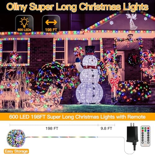 Ollny 198FT 600LED Outdoor Christmas Lights with Remote, 8 Modes Multicolor